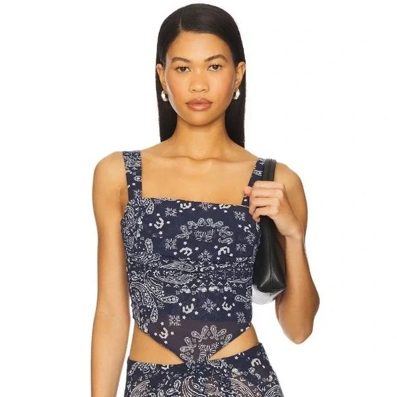 Miaou Tati Top Bandana Navy Silk Blend Corset Style Cropped Camisole Size S - Picture 1 of 11